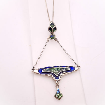 Sterling Silver Blue and Green Enamel Art Deco Style Necklace