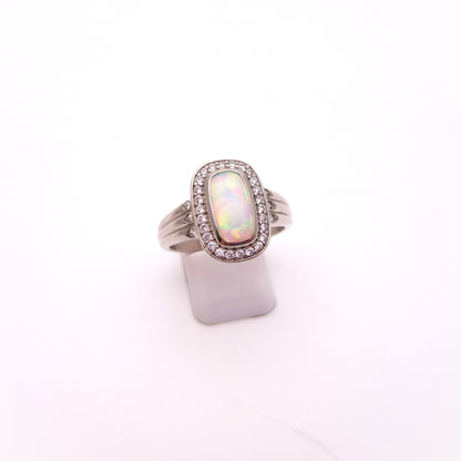 Sterling Silver Opal Doublet and CZ Halo Cushion Shaped Ring