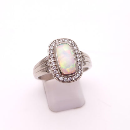Sterling Silver Opal Doublet and CZ Halo Cushion Shaped Ring