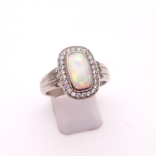Sterling Silver Opal Doublet and CZ Halo Cushion Shaped Ring
