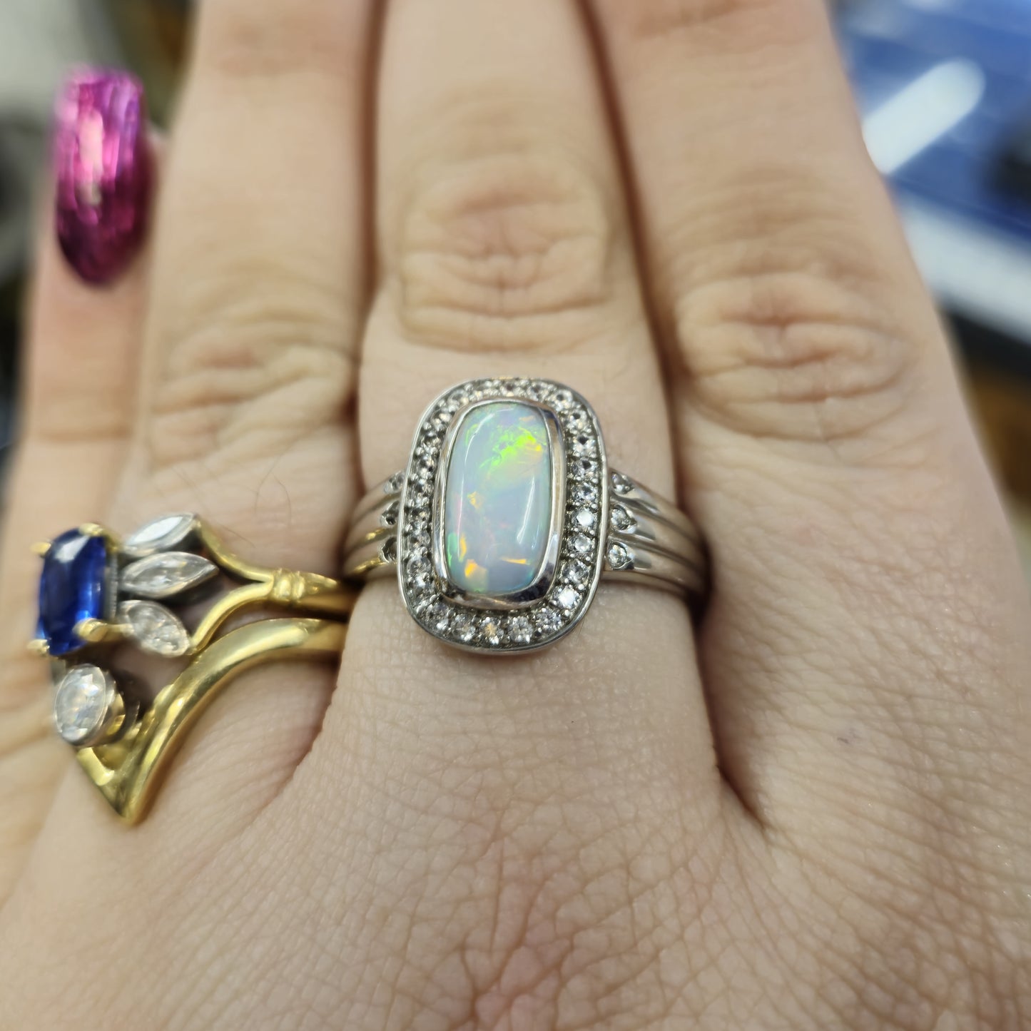 Sterling Silver Opal Doublet and CZ Halo Cushion Shaped Ring
