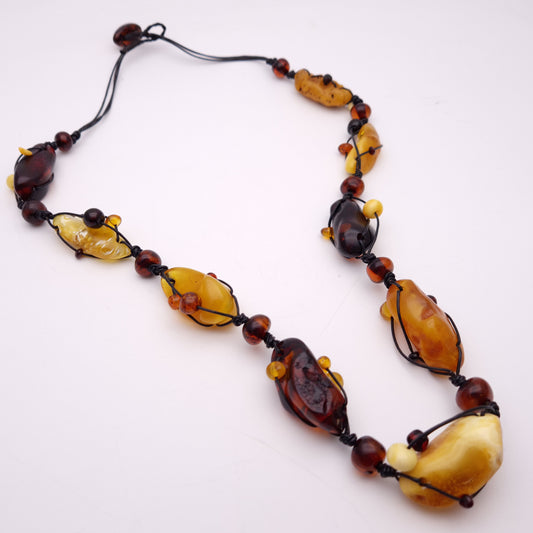 Huge Multi Coloured Amber Leather Cord Statement Naturalistic Beaded Necklace