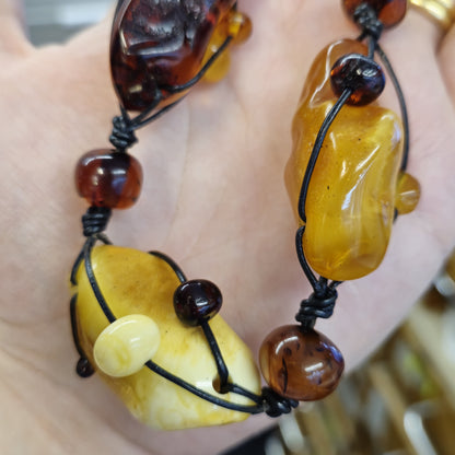 Huge Multi Coloured Amber Leather Cord Statement Naturalistic Beaded Necklace