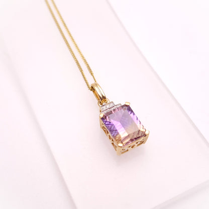 10ct Ametrine and Diamond Pendant and 9ct Curb Chain