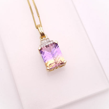 10ct Ametrine and Diamond Pendant and 9ct Curb Chain