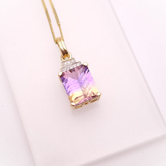 10ct Ametrine and Diamond Pendant and 9ct Curb Chain