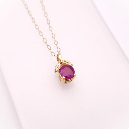 14ct Yellow Gold Leaf Detail Ruby Solitaire Pendant and 9ct Gold Chain