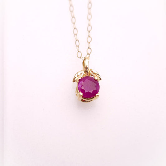 14ct Yellow Gold Leaf Detail Ruby Solitaire Pendant and 9ct Gold Chain