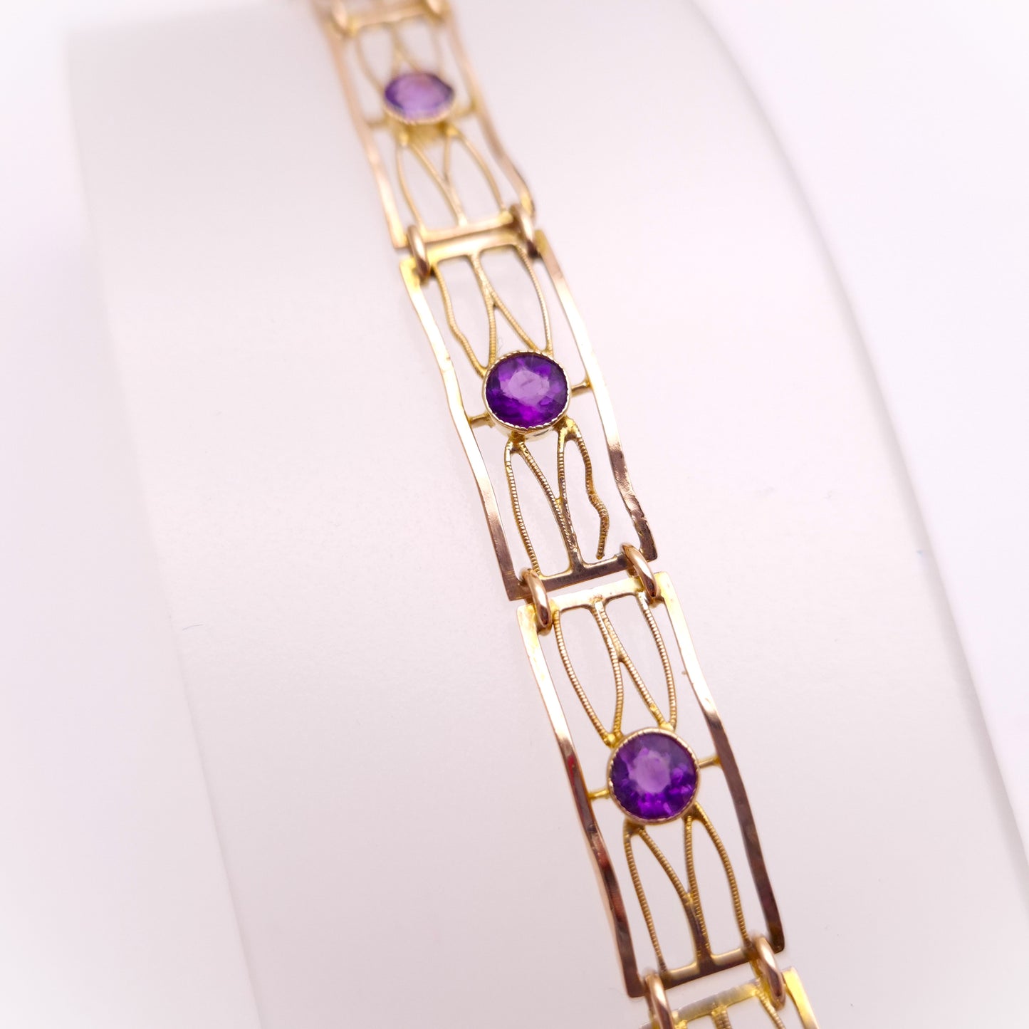 9ct Rose Gold Amethyst Set Open Work Rectangular Link Bracelet