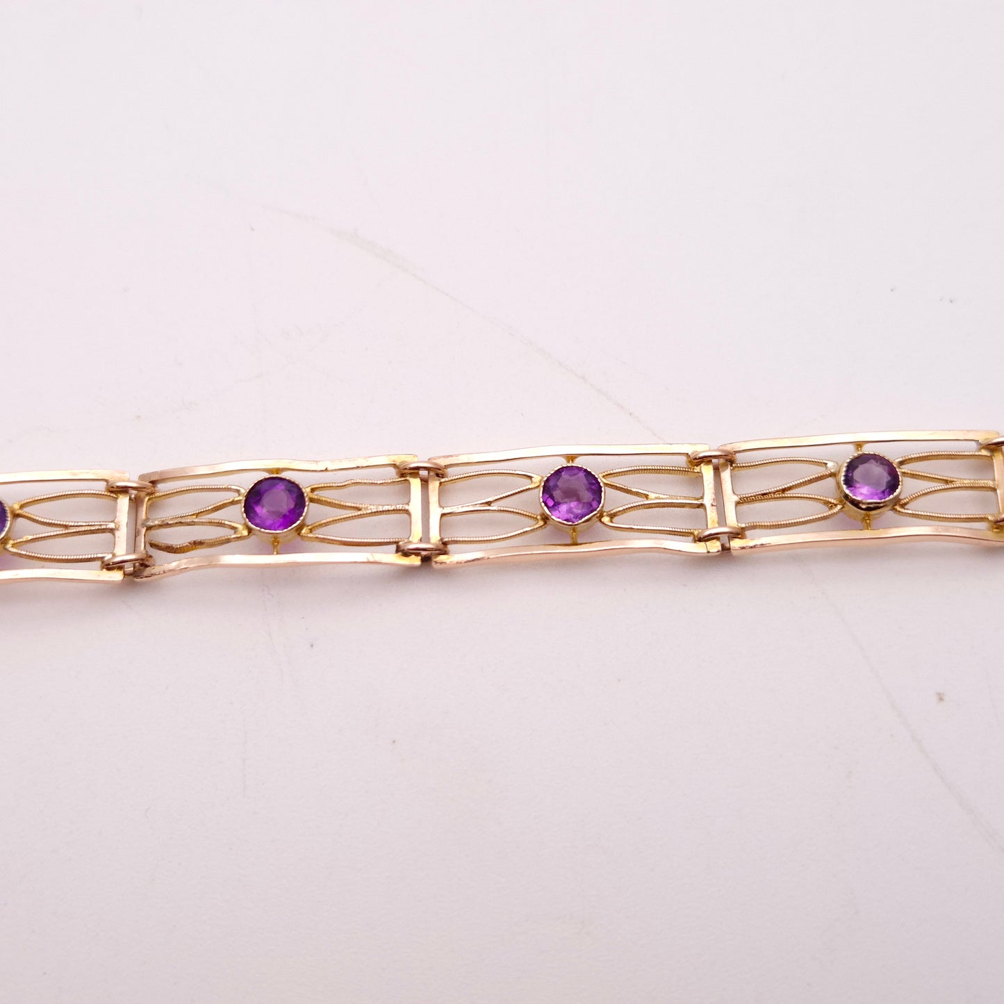 9ct Rose Gold Amethyst Set Open Work Rectangular Link Bracelet