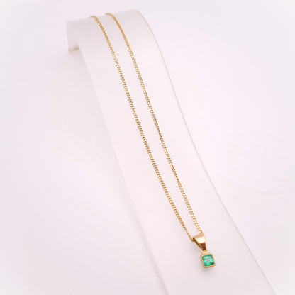 18ct Yellow Gold Square Collet Set Emerald Pendant and 20" Curb Chain
