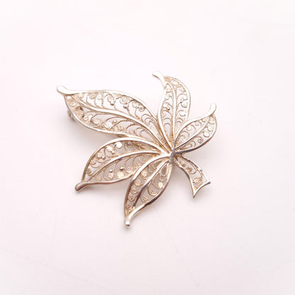 Sterling Silver Filigree Maple Style Leaf Brooch