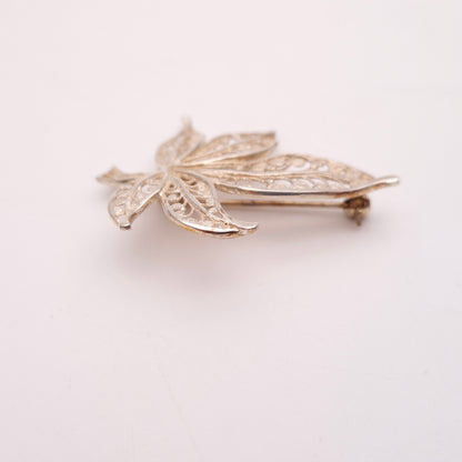 Sterling Silver Filigree Maple Style Leaf Brooch