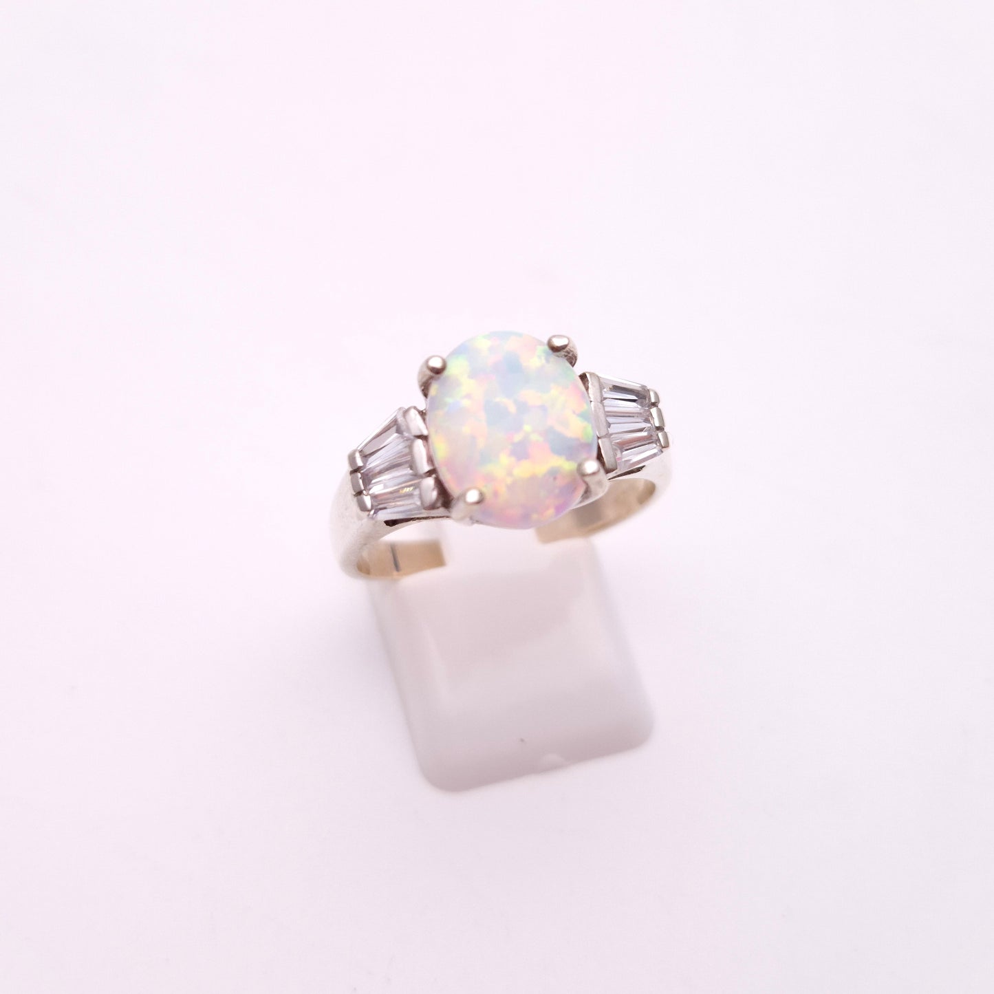 Sterling Silver Synthetic Opal and CZ Cubic Zirconia Multi-Stone Ring