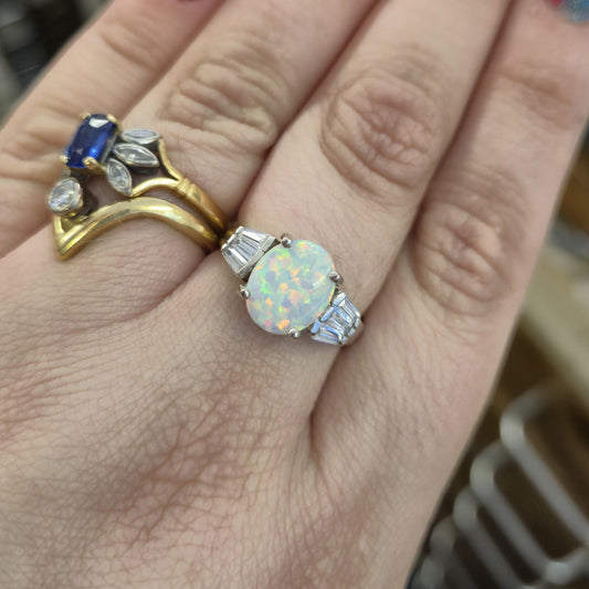 Sterling Silver Synthetic Opal and CZ Cubic Zirconia Multi-Stone Ring