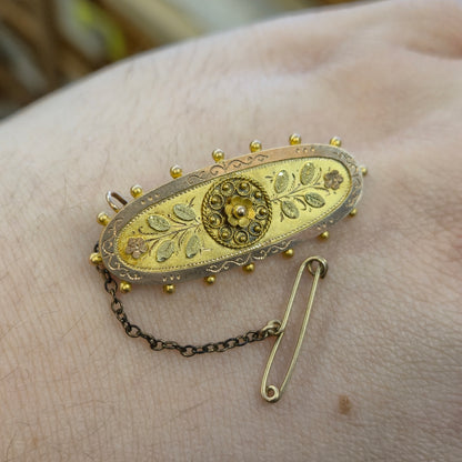 9ct Yellow Gold Antique Victorian Multi-tone Oval Floral Gold Brooch