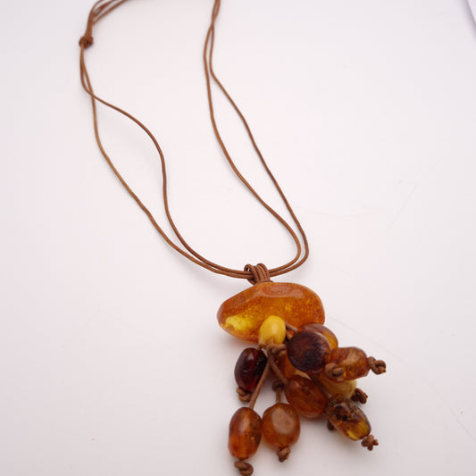 Vintage XL Amber Chandelier Dangly Drop Pendant on Adjustable Leather Cord