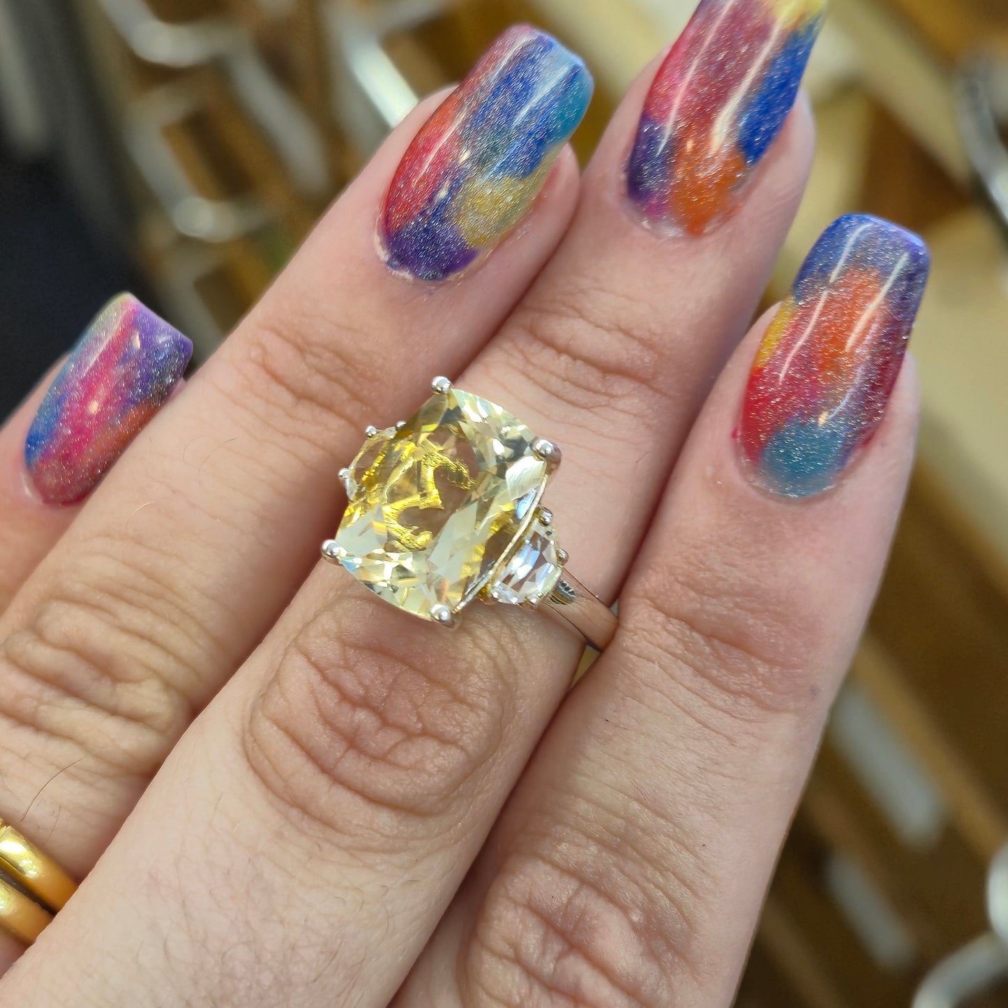 Sterling Silver Lemon Quartz and Clear Quartz Trilogy statement Ring