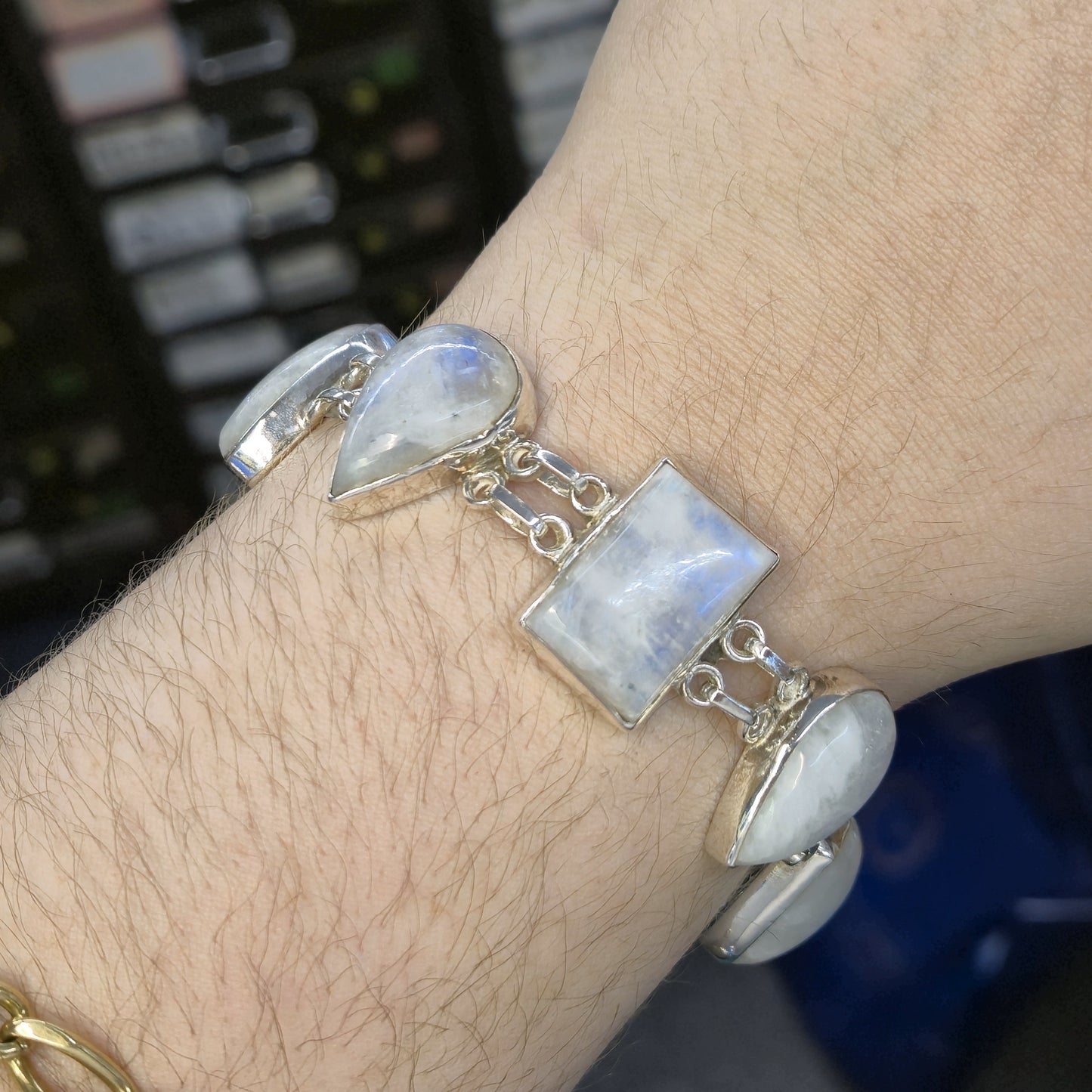 Sterling Silver Large Chunky Labradorite Geometric Shape Cabochon Bracelet
