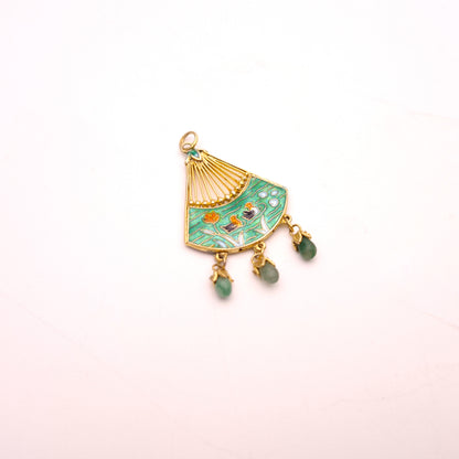 Gold Plated Silver Vintage Asian Cloisonne Fan With Jadeite Droppers Pendant