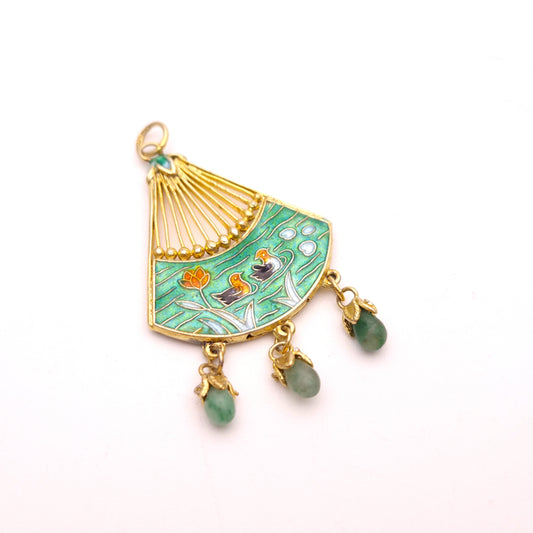Gold Plated Silver Vintage Asian Cloisonne Fan With Jadeite Droppers Pendant