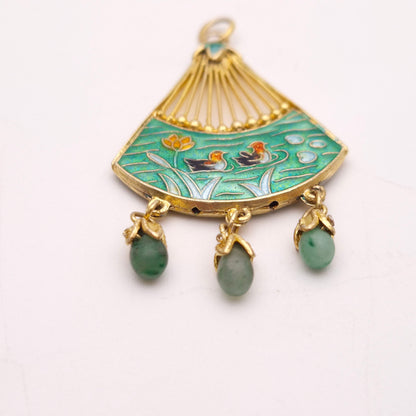 Gold Plated Silver Vintage Asian Cloisonne Fan With Jadeite Droppers Pendant