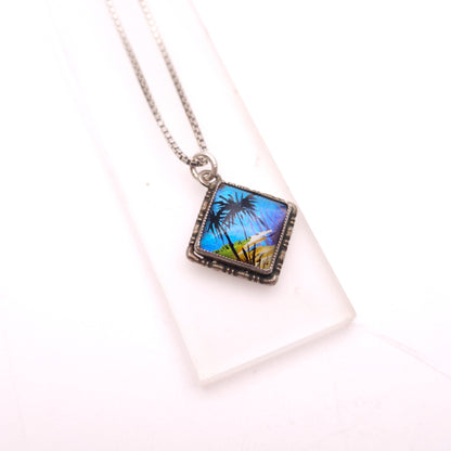 Sterling Silver Butterfly Wing Tropical Island Scene Small Necklace