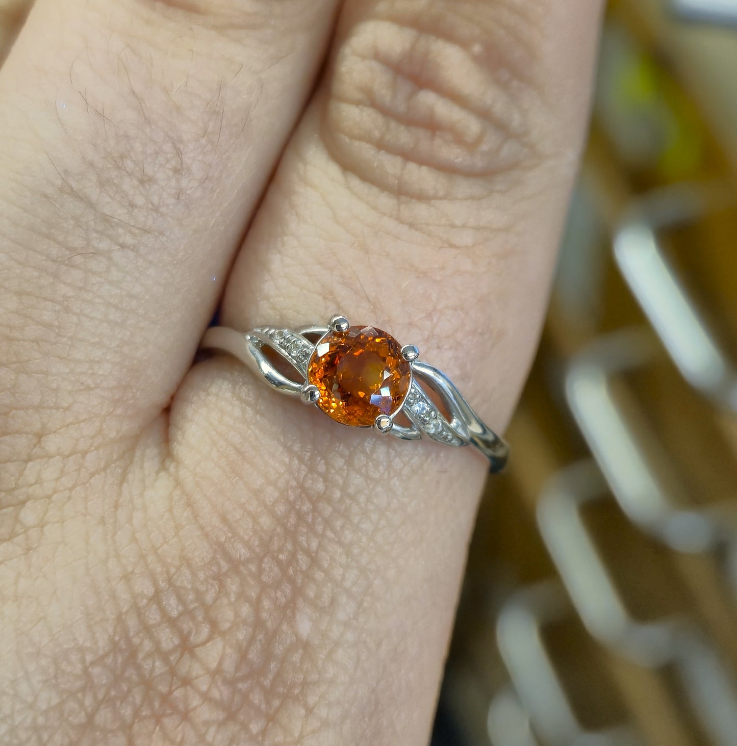 9ct White Gold Spessartite Garnet and White Stone Ring