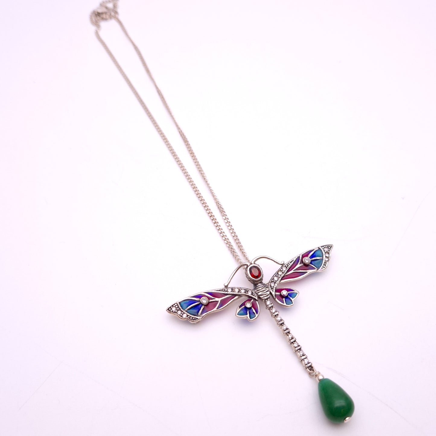 Sterling Silver Plique A Jour Garnet, Jade and CZ Dragonfly Pendant Necklace