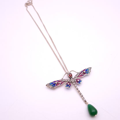 Sterling Silver Plique A Jour Garnet, Jade and CZ Dragonfly Pendant Necklace