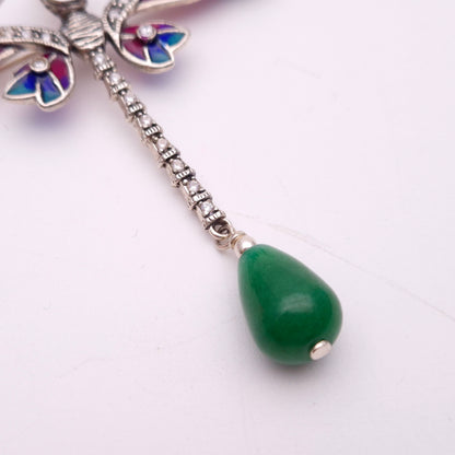 Sterling Silver Plique A Jour Garnet, Jade and CZ Dragonfly Pendant Necklace