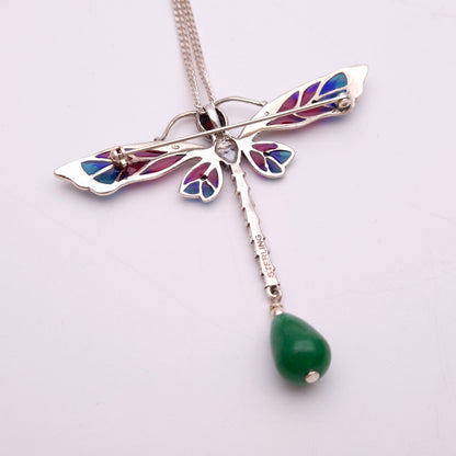 Sterling Silver Plique A Jour Garnet, Jade and CZ Dragonfly Pendant Necklace