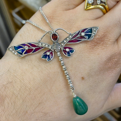 Sterling Silver Plique A Jour Garnet, Jade and CZ Dragonfly Pendant Necklace