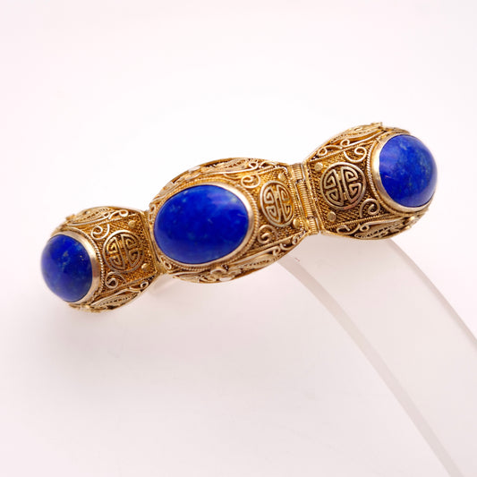 Gold plated Silver Vintage Chinese Lapis Lazuli Chunky Bracelet