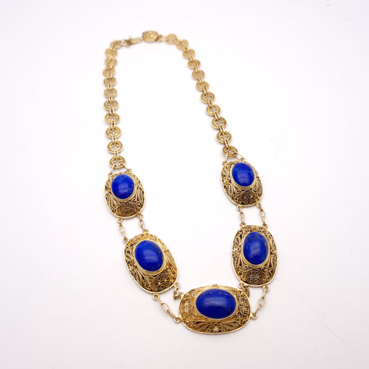 Gold plated Silver Vintage Chinese Lapis Lazuli Chunky Necklace