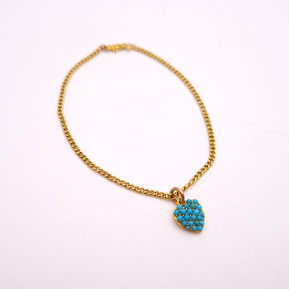 14ct / 15ct Yellow Gold Antique Turquoise Heart Charm and Curb Chain Bracelet