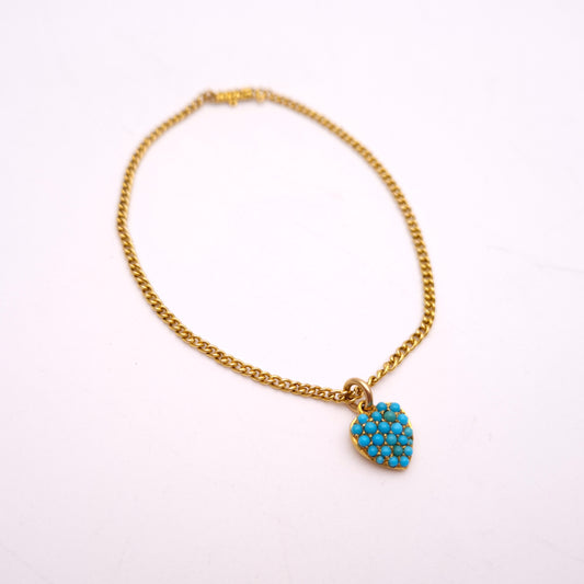 14ct / 15ct Yellow Gold Antique Turquoise Heart Charm and Curb Chain Bracelet