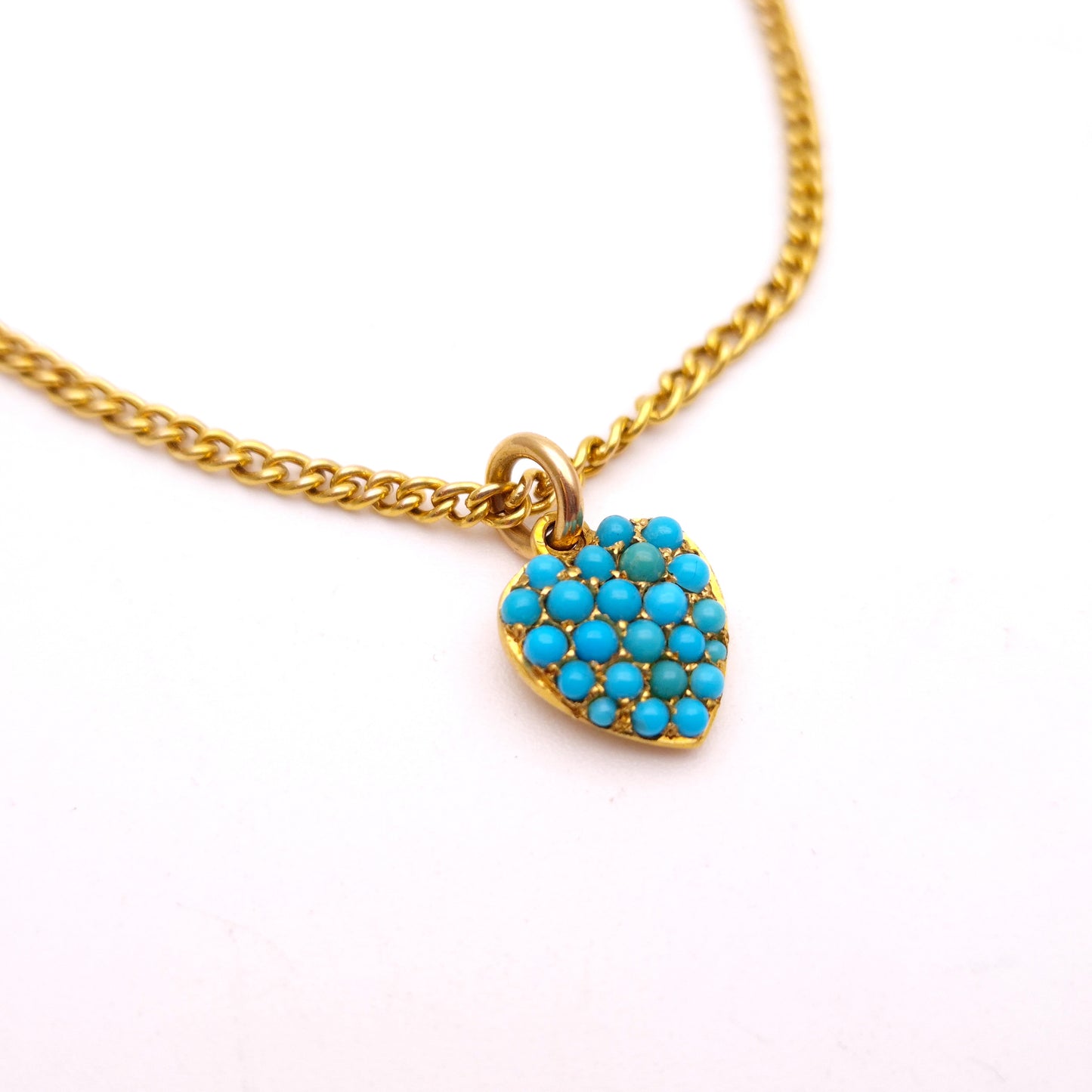14ct / 15ct Yellow Gold Antique Turquoise Heart Charm and Curb Chain Bracelet