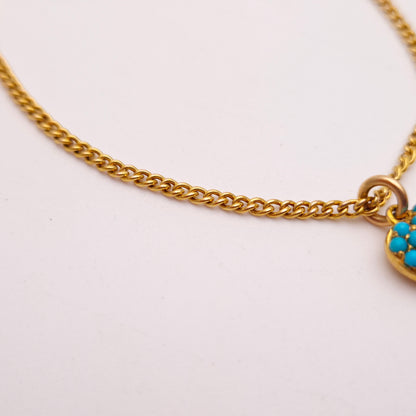 14ct / 15ct Yellow Gold Antique Turquoise Heart Charm and Curb Chain Bracelet