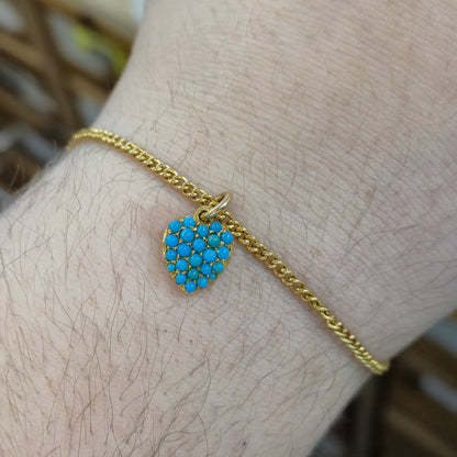 14ct / 15ct Yellow Gold Antique Turquoise Heart Charm and Curb Chain Bracelet