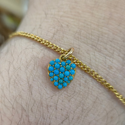 14ct / 15ct Yellow Gold Antique Turquoise Heart Charm and Curb Chain Bracelet