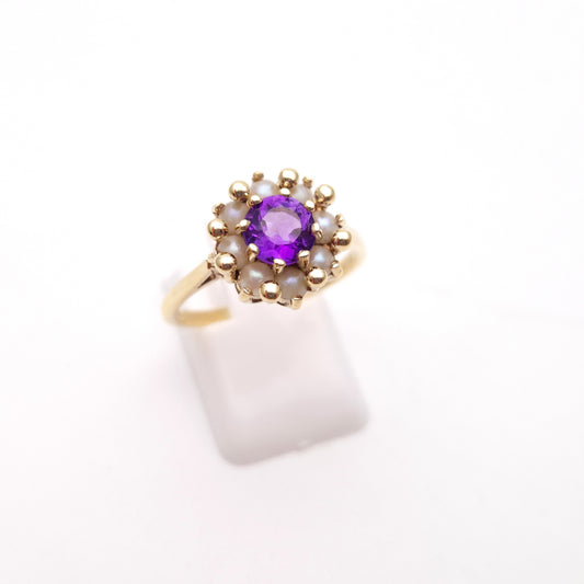 9ct Yellow Gold Amethyst and Pearl Antique Style Cluster Ring