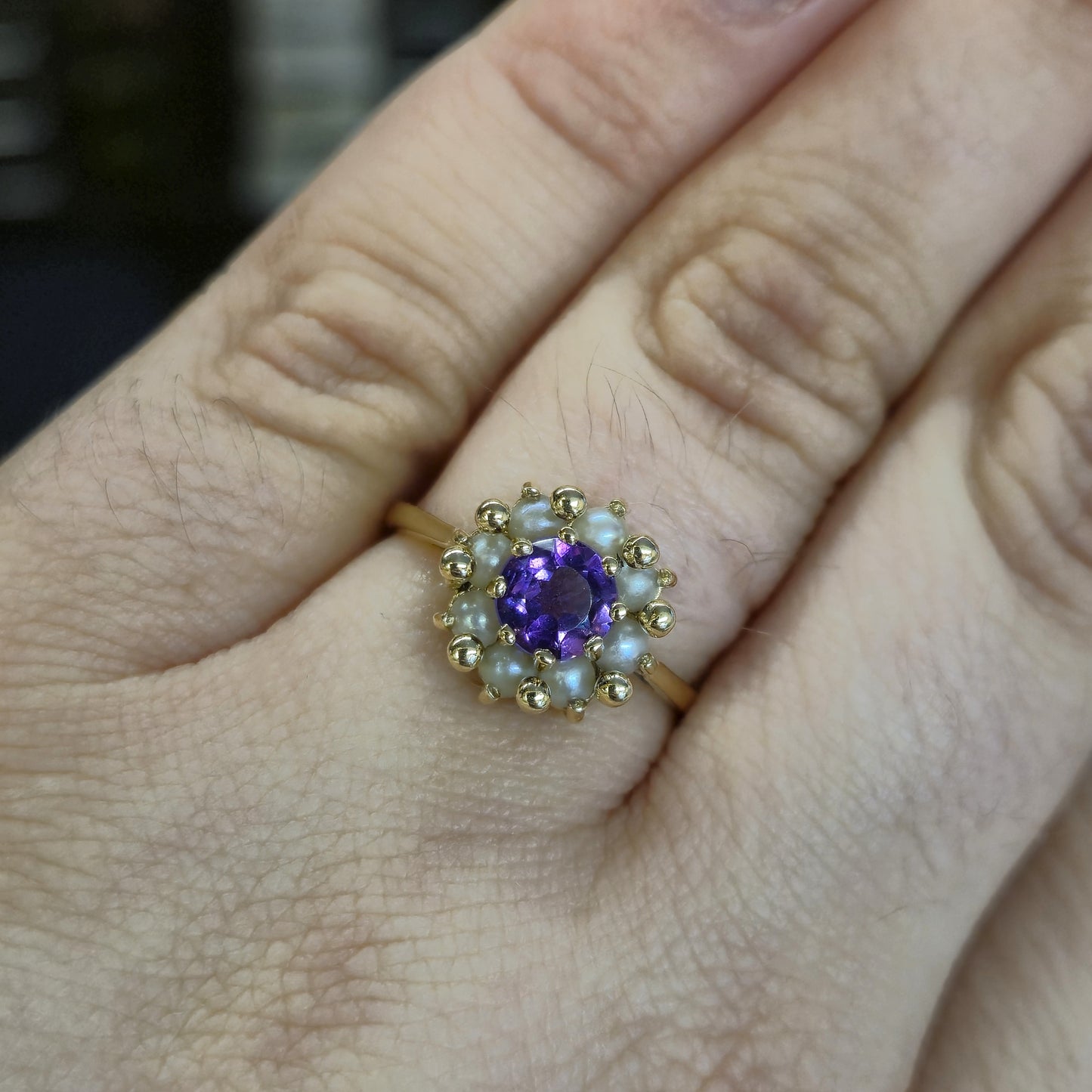 9ct Yellow Gold Amethyst and Pearl Antique Style Cluster Ring