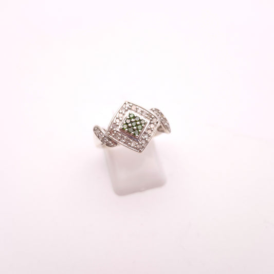 Sterling Silver Multistone White and Green Diamond Cluster Ring