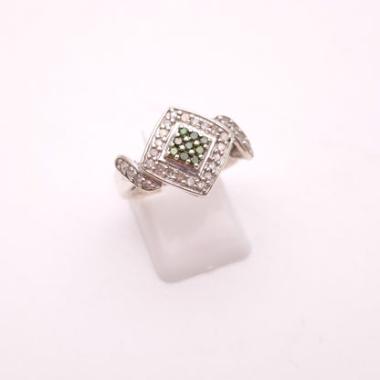 Sterling Silver Multistone White and Green Diamond Cluster Ring