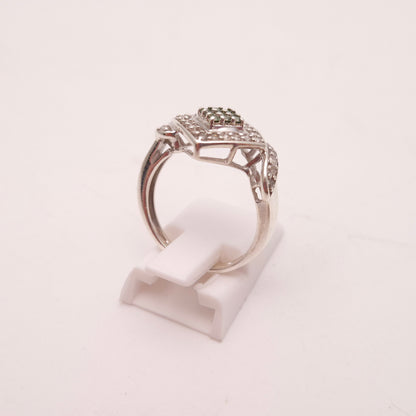 Sterling Silver Multistone White and Green Diamond Cluster Ring