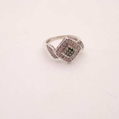 Sterling Silver Multistone White and Green Diamond Cluster Ring