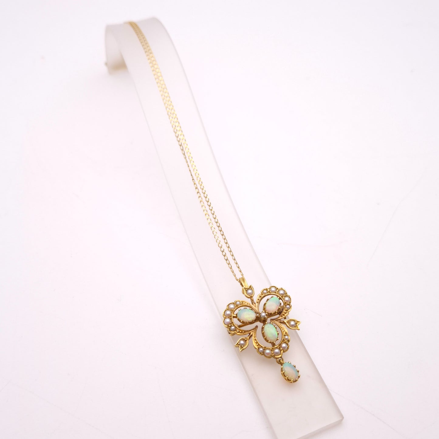 9ct Yellow Gold Opal and Pearl Antique Style Repro Pendant/ Brooch and Chain Necklace