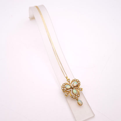 9ct Yellow Gold Opal and Pearl Antique Style Repro Pendant/ Brooch and Chain Necklace