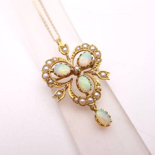 9ct Yellow Gold Opal and Pearl Antique Style Repro Pendant/ Brooch and Chain Necklace